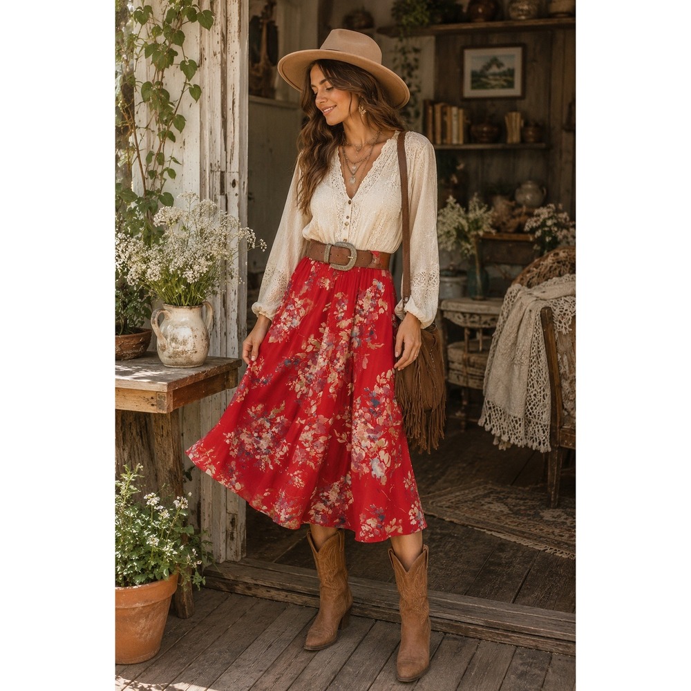 Boho Cottagecore Western Prairie Petal + Pup Red Floral M Midi Skirt Pockets
